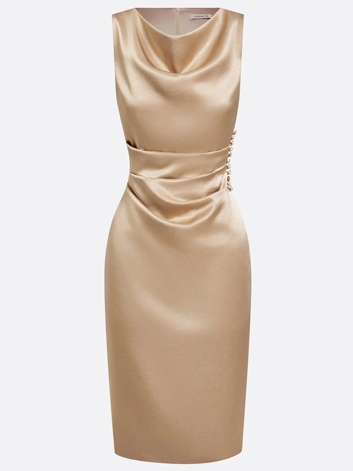 Champagne Ruched Buckle Satin Cowl Neck Sleeveless Sheath Midi Dress