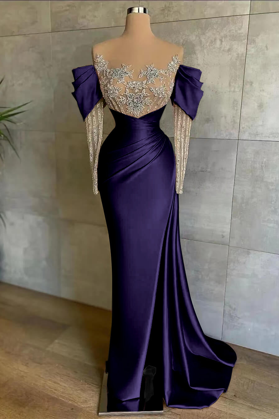 Cocoslly Off-The-Shoulder Long Lace Sleeves Long Split Mermaid Prom Dress With Beaded Applique Embroidery | Pink Satin ED0148