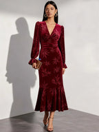 Wine Red Embossed Jacquard Velvet V Neck Long Sleeve Bell Sleeve Mermaid Maxi Dress