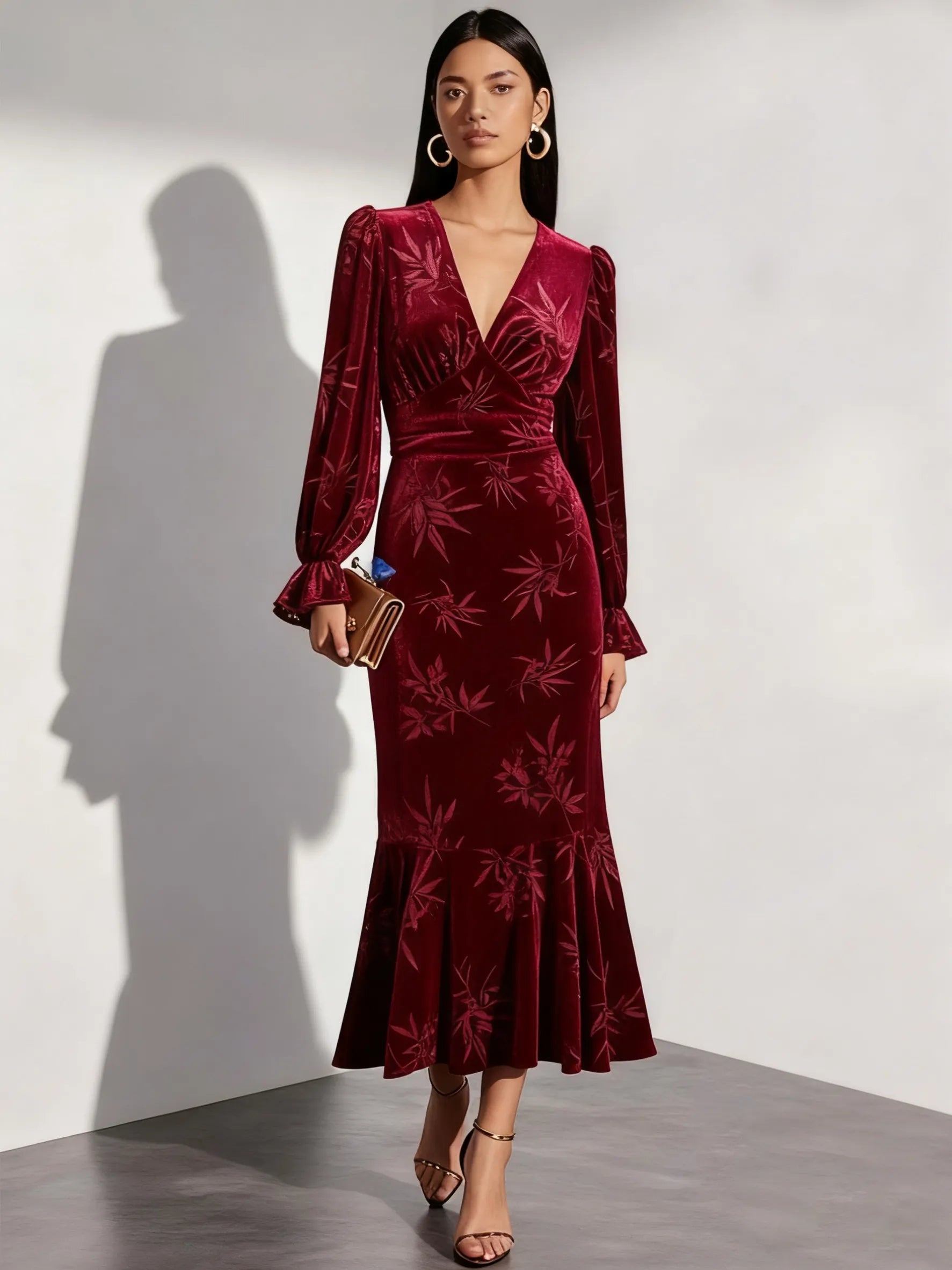 Wine Red Embossed Jacquard Velvet V Neck Long Sleeve Bell Sleeve Mermaid Maxi Dress