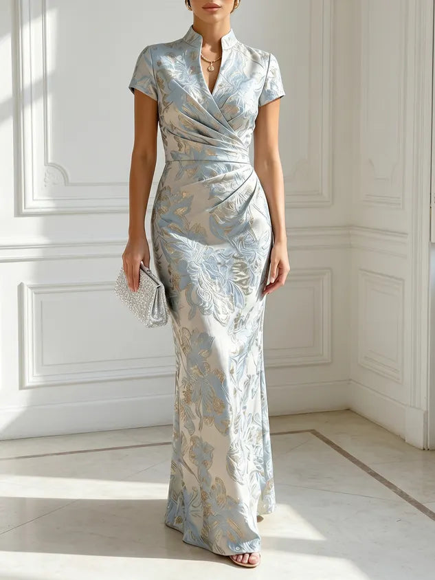 Light Blue Jacquard Classic V Neck Short Sleeve Mermaid Floor-length Gown Dress