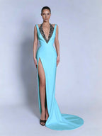 Halter V-Neck Wide Shoulder Straps Sleeveless Long Mermaid Prom Dress With Beadings And Split YK0734