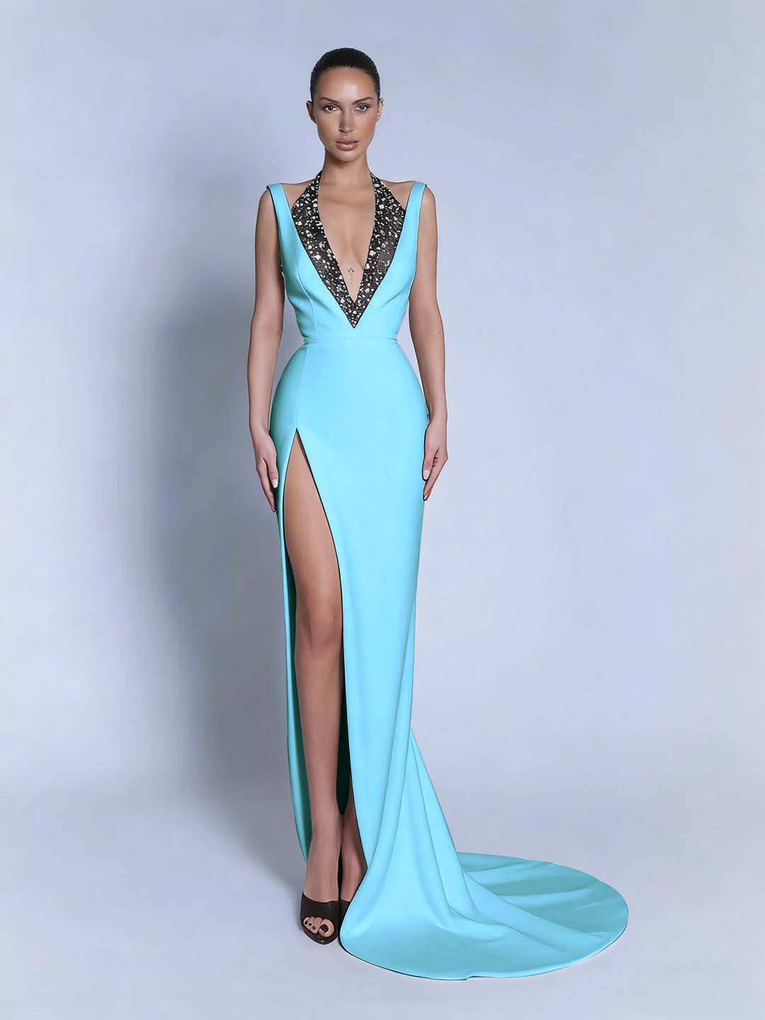 Halter V-Neck Wide Shoulder Straps Sleeveless Long Mermaid Prom Dress With Beadings And Split YK0734