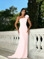 Satin One Shoulder Strapless Sleeveless Long Mermaid Prom Dress With Beadings And Flower YK0640