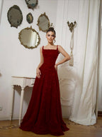 Square Neck Spaghetti Straps Sleeveless Long A-Line Prom Dress With Sequins And High Beadings YK0573