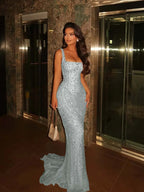 Spaghetti Strap Sleeveless Long Mermaid Prom Dress With Beading YK0285