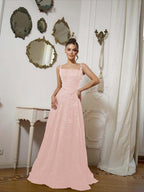 Square Neck Spaghetti Straps Sleeveless Long A-Line Prom Dress With Sequins And High Beadings YK0573