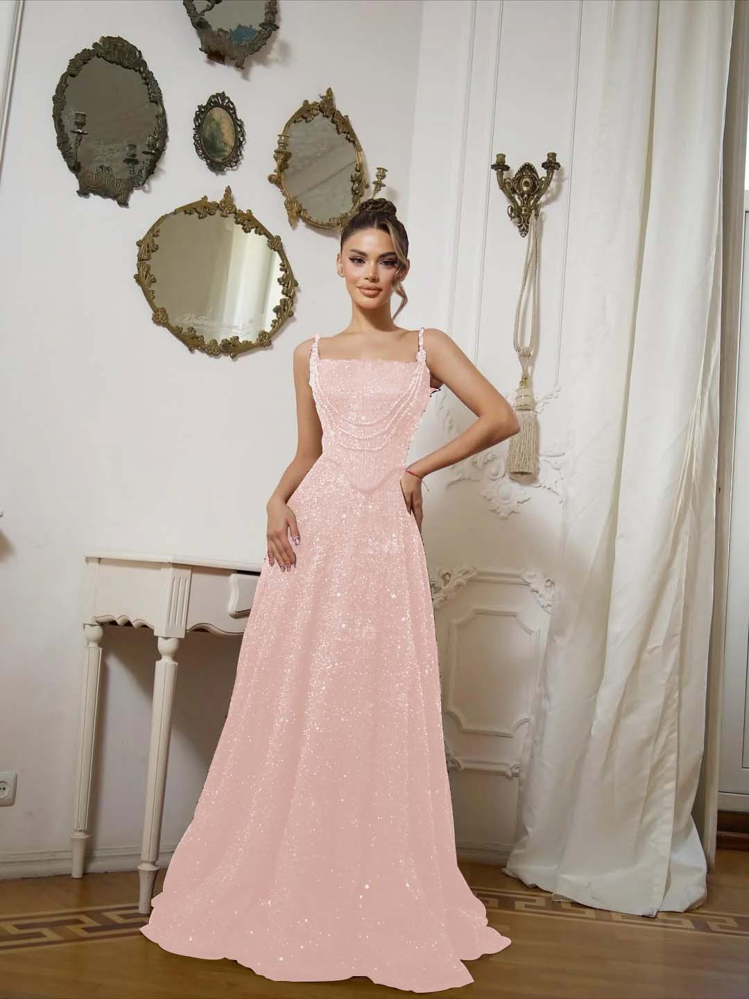 Square Neck Spaghetti Straps Sleeveless Long A-Line Prom Dress With Sequins And High Beadings YK0573