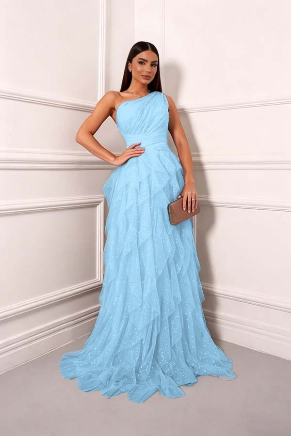 Cocoslly One Shoudler Sleeveless High Waist Long Prom Dress With Ruffles | Forest Green Tulle ZT0560