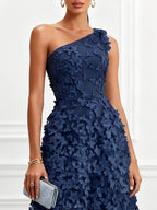 Purplish Blue 3D Floral Embroidery Classic One Shoulder Sleeveless A-Line Midi Dress