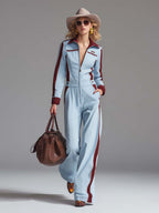 Retro Racing Powder-Blue And Burgundy Colorblock Zip-Front Wide-Leg Cotton Jumpsuit