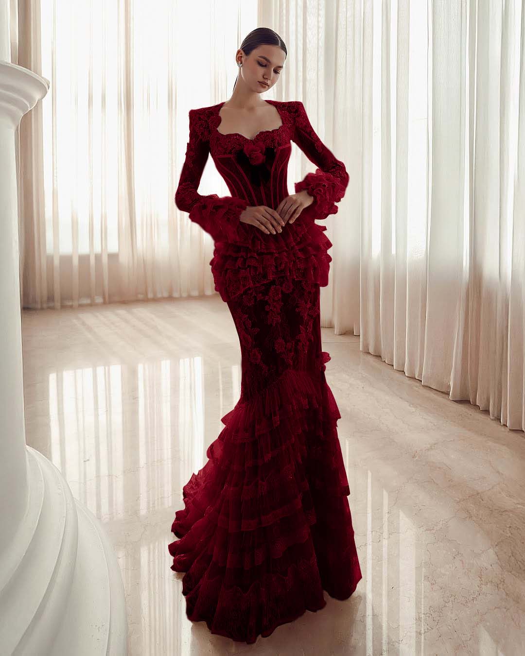 Long Sleeves Sweetheart Long Mermaid Prom Dress With Lace Appliques YK0181
