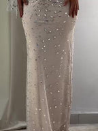 Cocoslly V-Neck One Shoulder Sleeveless Long Mermaid Pleated Prom Dress With Sequins Beadings | Champage Satin And Tulle CO0050