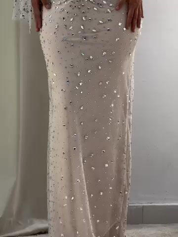 Cocoslly V-Neck One Shoulder Sleeveless Long Mermaid Pleated Prom Dress With Sequins Beadings | Champage Satin And Tulle CO0050
