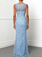 Light Blue Lace Jacquard Boat Neck Sleeveless Mermaid Floor-length Gown Dress