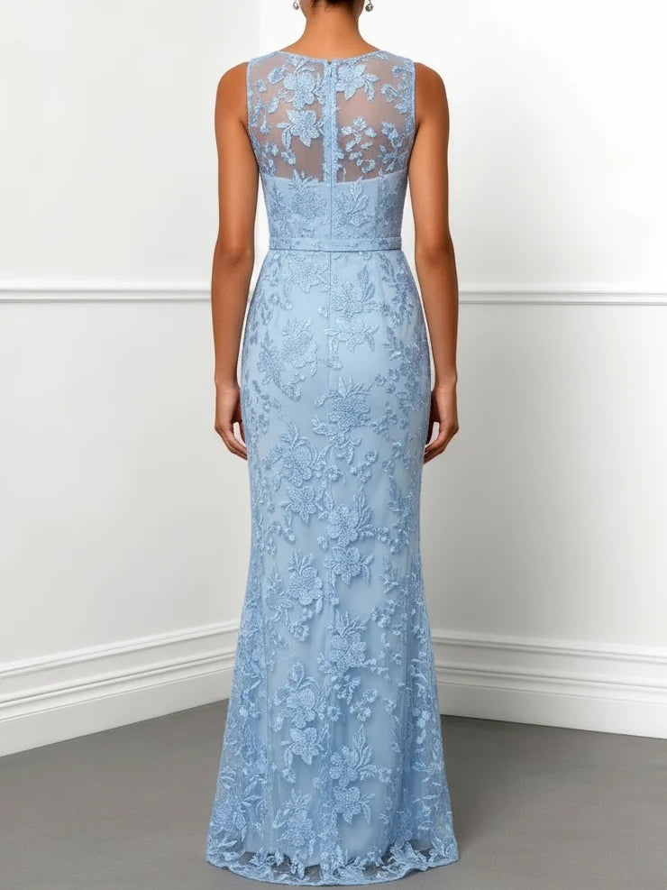 Light Blue Lace Jacquard Boat Neck Sleeveless Mermaid Floor-length Gown Dress