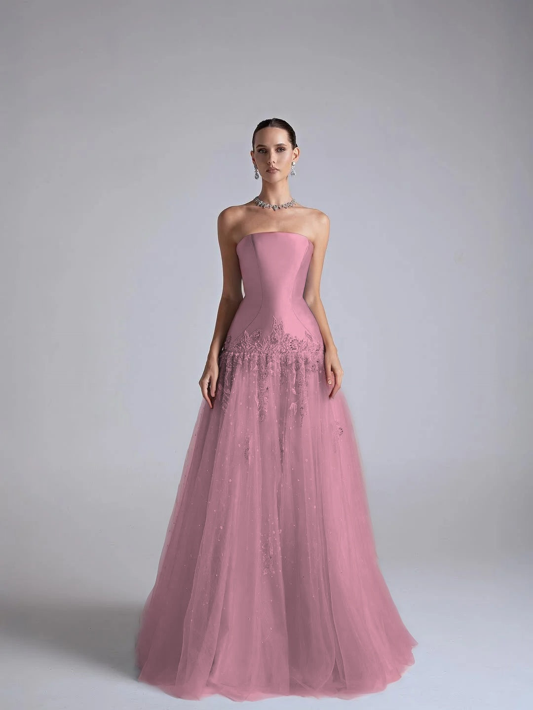 Baby Blue Satin And Tulle Strapless Sleeveless Long Pleated A-Line Prom Dress With Flower Appliqués YK0669