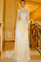 Cocoslly High Neck Long Sleeves High Waist Long Prom Dress With Sequins | Champage Chiffon YC0572