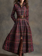 Retro Ethnic Style Lapel Reddish Brown Plaid Maxi Dress
