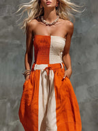 Casual Fashion Strapless Orange And Off-White Contrast Cotton-Linen Jumpsuit