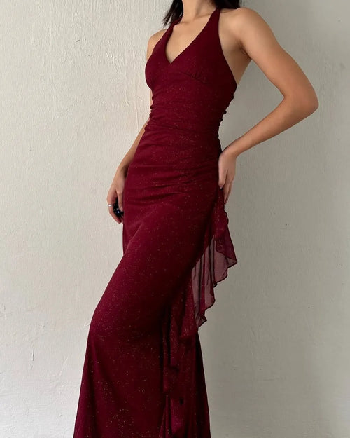 Cocoslly Charming V-Neck Halter Long Slim Fit Prom Dress With Ruffles | Burgundy Satin ZT0740