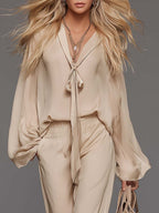 Elegant Flowing Versatile Tie-front V-neck Flared Sleeves Beige Chiffon Blouse And Pants Set