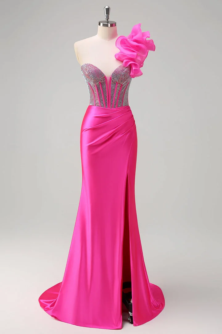 Satin V-Neck Strapless Sleeveless Long Pleated Mermaid Prom Dress With Rhinstone And High Split YK0320