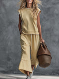 Retro-Casual Sports Light Yellow Cotton Crew-Neck Top And Cropped Pants Set