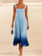 Light Blue Ombre Pleated Chiffon Square Neck Sleeveless A-Line Midi Dress