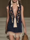 Western Retro Faux Suede Bohemian Style Embroidered Tassel Sleeveless Mini Dress