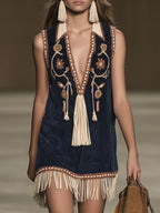 Western Retro Faux Suede Bohemian Style Embroidered Tassel Sleeveless Mini Dress