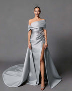 Satin Asymmetric Off-The-Shoulder Sleeveless Long Pleated Mermaid Prom Dress With Appliqués And Split YK0598