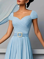 Light Blue Pleated Ruched Sweetheart Neckline A-Line Maxi Chiffon Dress