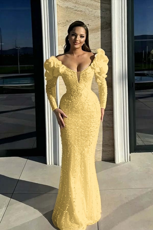 Cocoslly Strapless Long Sleeves High Waist Long Mermaid Prom Dress With Rhinstone And Flowers | Red Sequins WQ0744