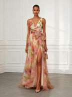 Pink Floral Bow Tulle V Neck Sleeveless A-Line Floor-length Gown Dress
