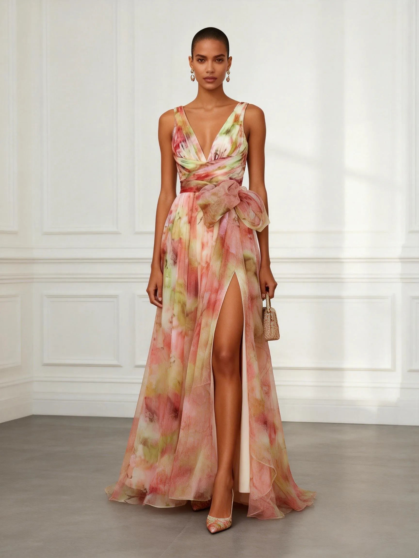 Pink Floral Bow Tulle V Neck Sleeveless A-Line Floor-length Gown Dress