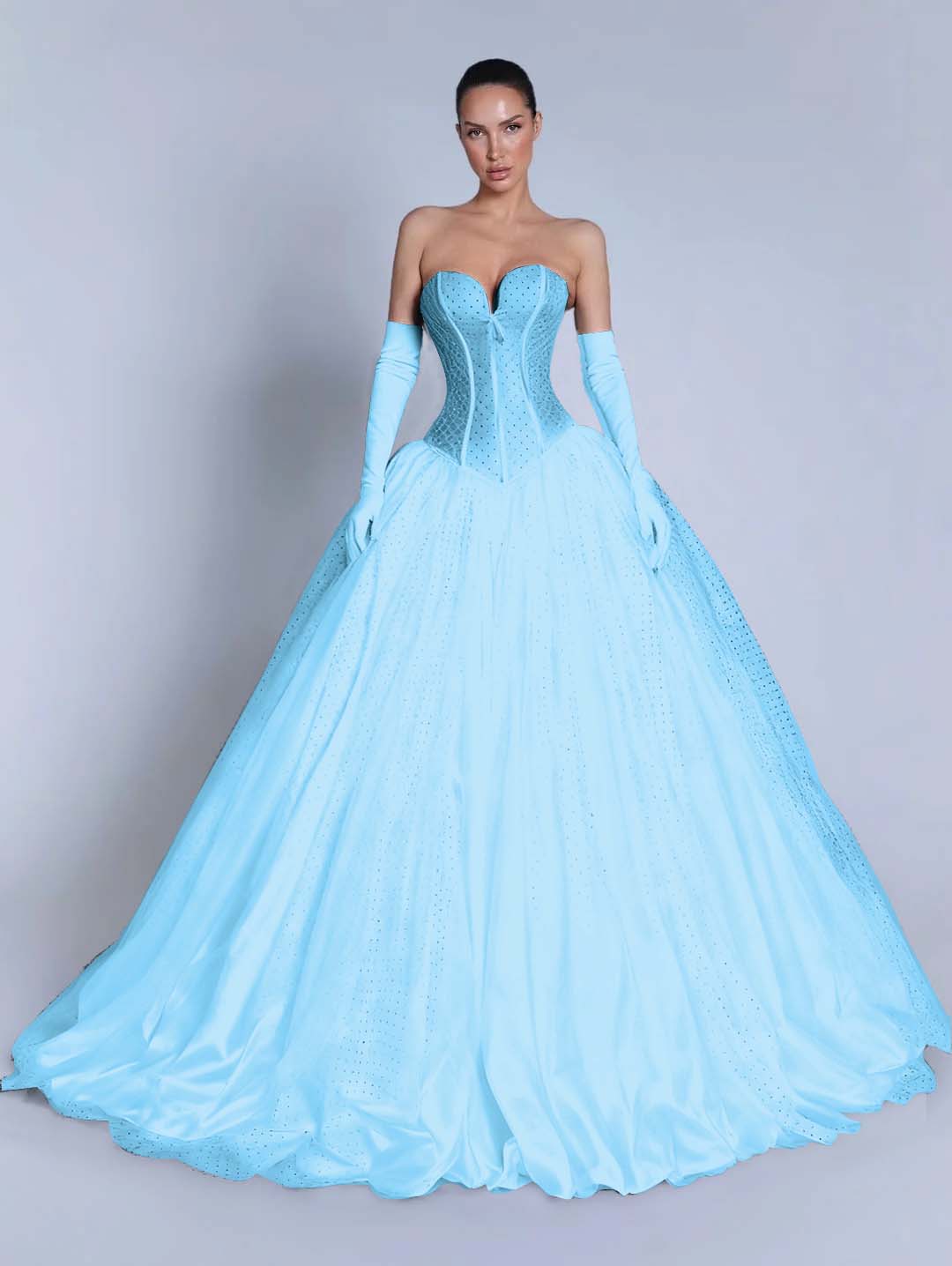 Tulle Sweetheart Strapless Sleeveless Long A-Line Prom Dress With Bow And Gloves YK0721