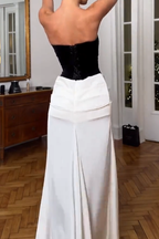 Cocoslly Strapless Sleeveless High Waist Long Mermaid Prom Dress With Gloves | White And Black Satin CO0218