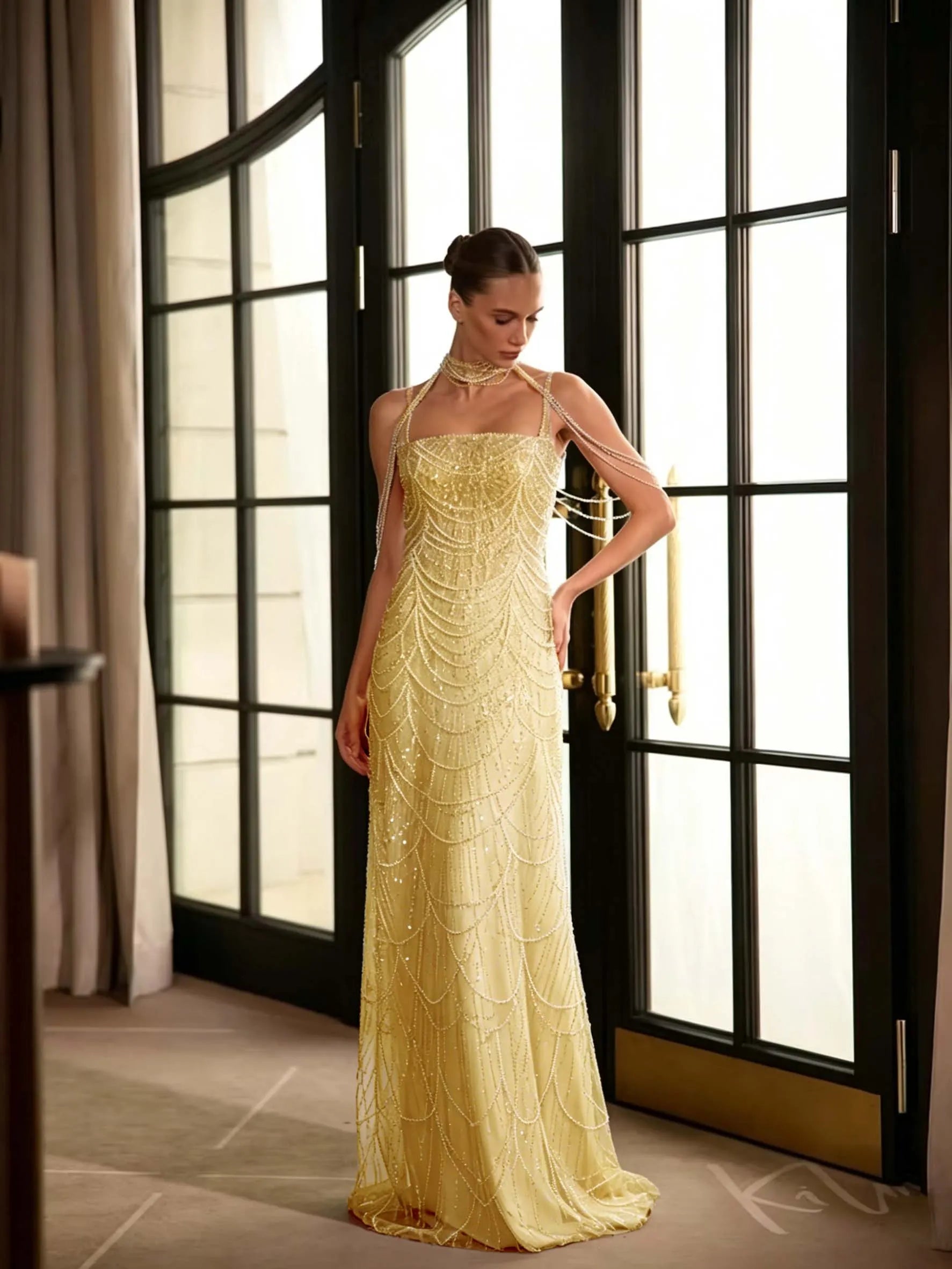 Cocoslly Spaghetti Straps Sleeveless High Waist Long Prom Dress With Rhinstone And Beading Pearls | Nude Sequins LX0091