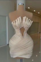 Off-white prom dress evening dress Strapless short Pleated with Beadings