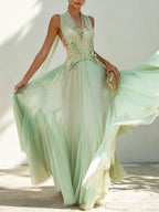Green Chiffon V Neck Sleeveless A-Line Floor-length Gown Dress