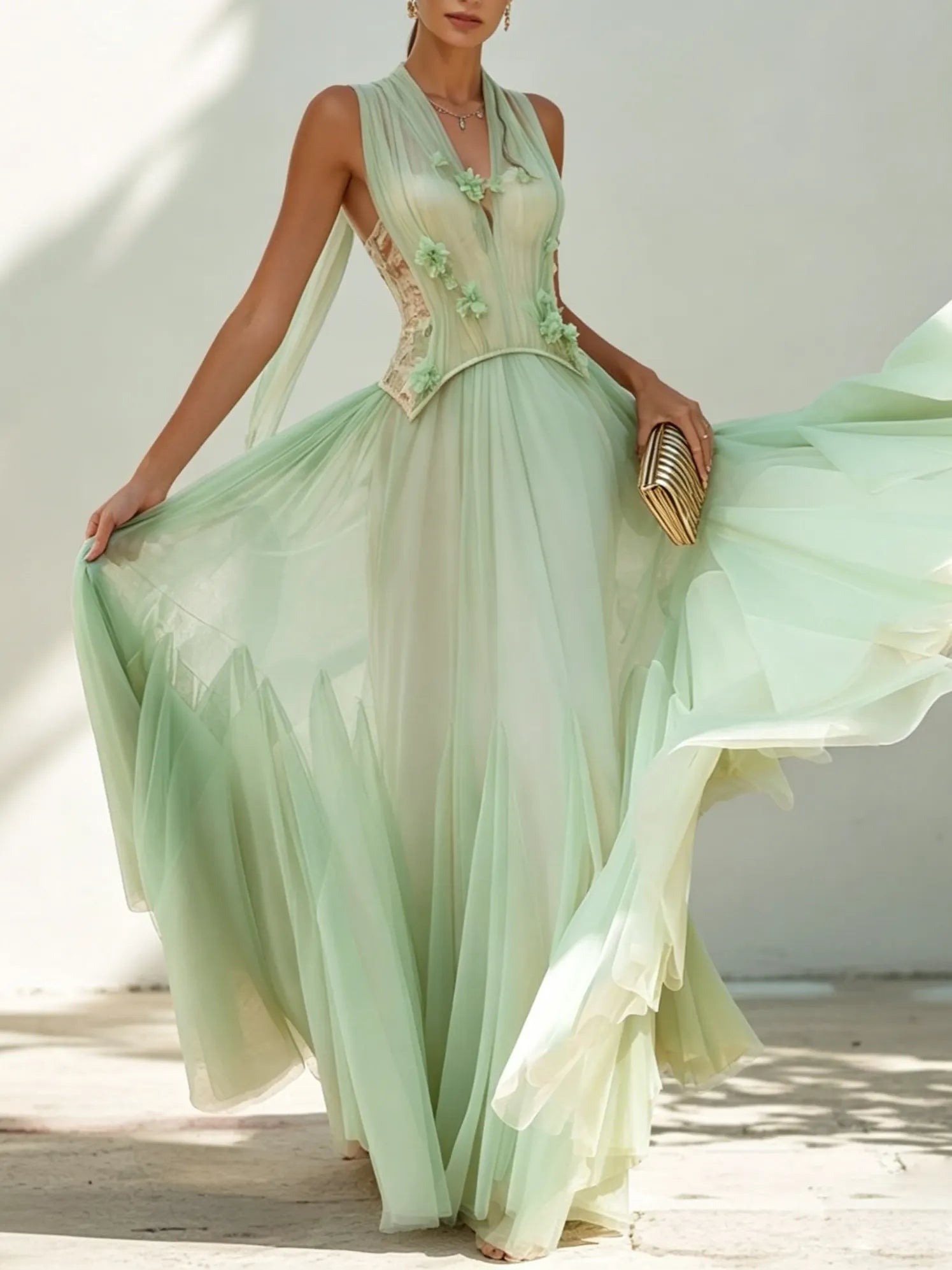 Green Chiffon V Neck Sleeveless A-Line Floor-length Gown Dress