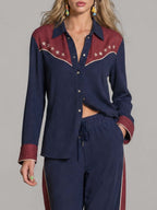 Retro Western Star-Embroidered Navy And Burgundy Cotton-Linen Shirt And Wide-Leg Pants Set
