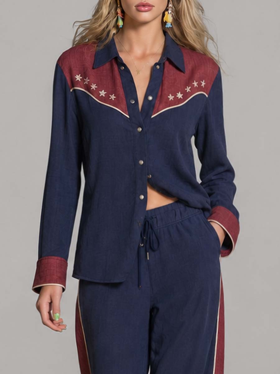 Retro Western Star-Embroidered Navy And Burgundy Cotton-Linen Shirt And Wide-Leg Pants Set
