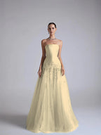 Baby Blue Satin And Tulle Strapless Sleeveless Long Pleated A-Line Prom Dress With Flower Appliqués YK0669
