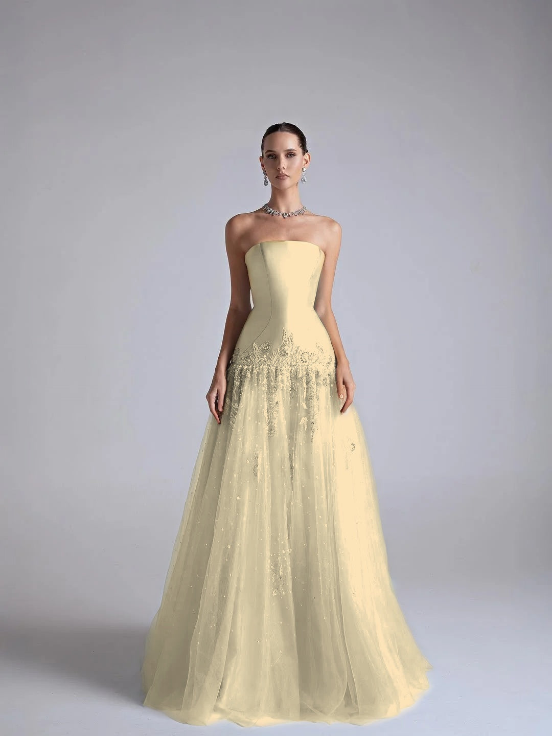 Baby Blue Satin And Tulle Strapless Sleeveless Long Pleated A-Line Prom Dress With Flower Appliqués YK0669