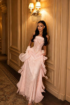 Cocoslly Strapless Sleeveless High Waist Long Prom Dress With Appliques And Ruffles | Nude Champage Chiffon LR0492