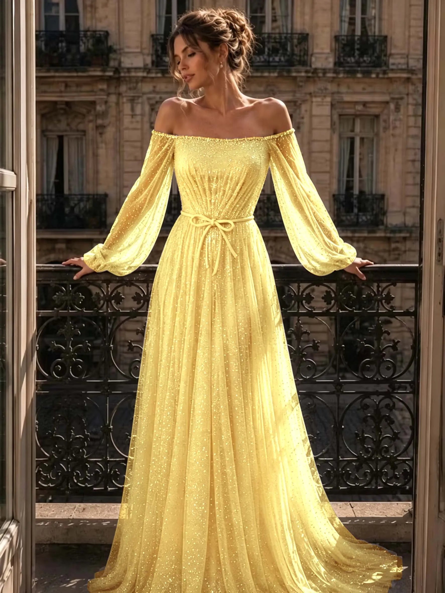 Cocoslly Off-The-Shoulder Long Sleeves High Waist Long Prom Dress With Sequins | Mist Mint Green Tulle LX0086