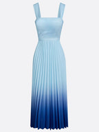 Light Blue Ombre Pleated Chiffon Square Neck Sleeveless A-Line Midi Dress