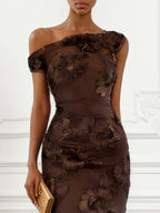 Deep Brown Jacquard Classic Off The Shoulder Sleeveless Bodycon Floor-length Gown Dress
